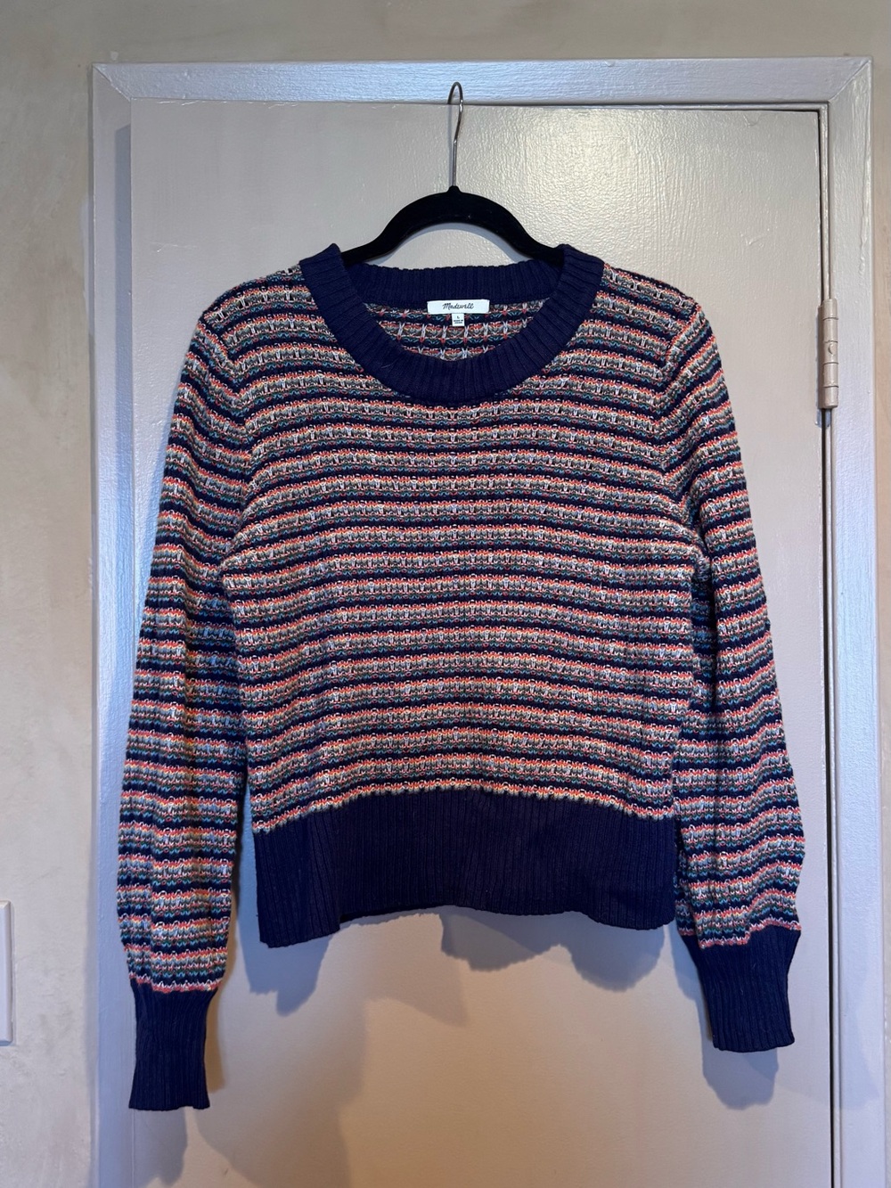 Fine Knit Navy Multi-Striped Crewneck Sweater